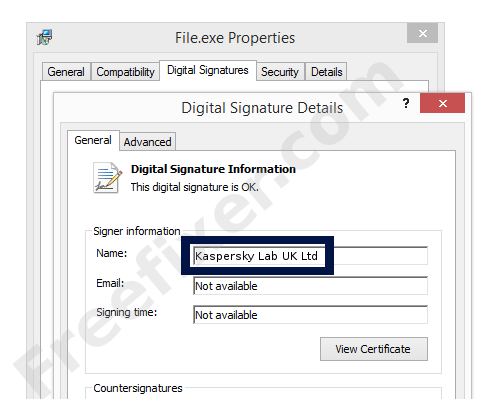 Screenshot of the Kaspersky Lab UK Ltd certificate